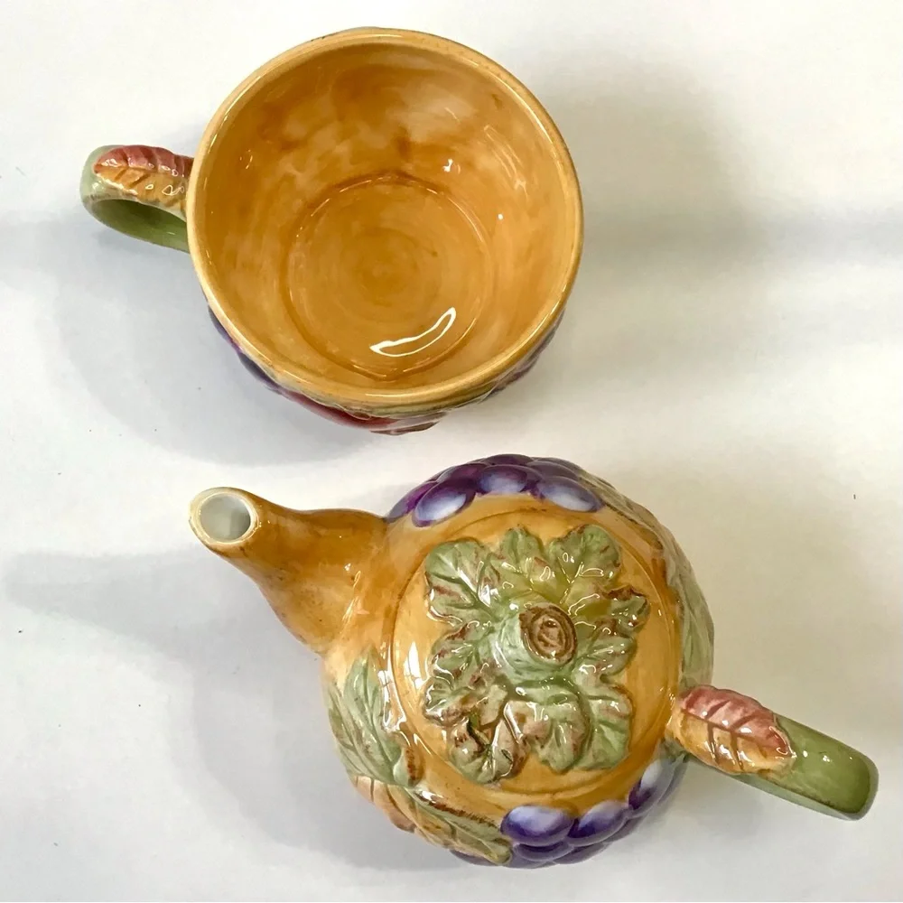 Vintage Gibson Tea For One Stacked Teapot & Cup Set Harvest Pantry Fruit Leaves